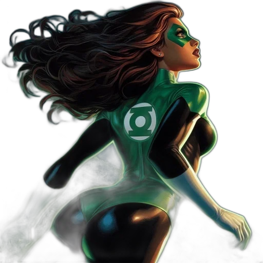 comic book art, concept art, green, female, figure, portrayed, superhero, likely transparent PNG cut-out
