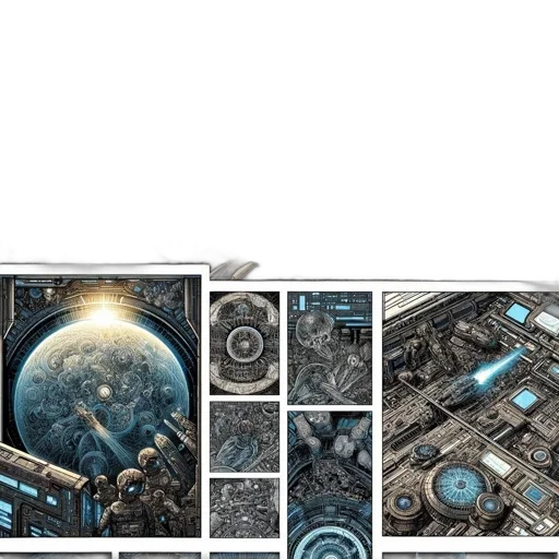 weapon, robot, concept art, comic book art, 3d render, outer space, blue, earth tones transparent PNG cut-out