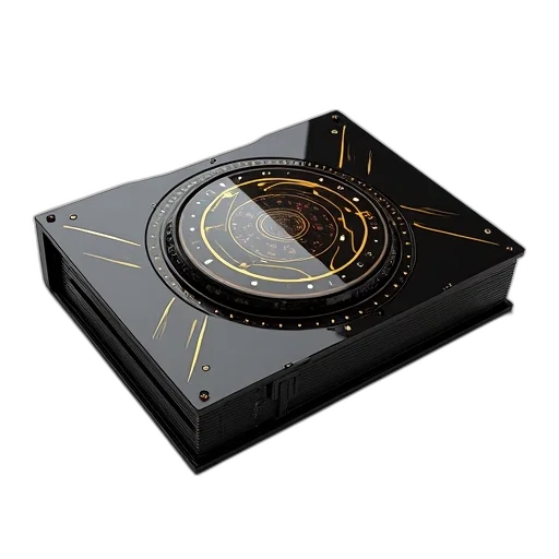 3d render, black, gold, futuristic, device, metallic, texture, circular transparent PNG cut-out