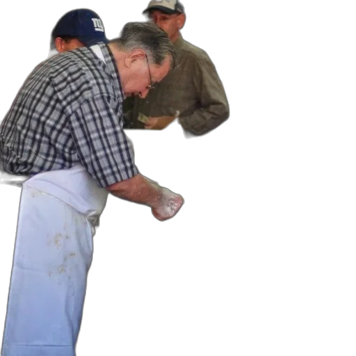 staff, jacket, weapon, hat, man, plaid, shirt, apron transparent PNG cut-out