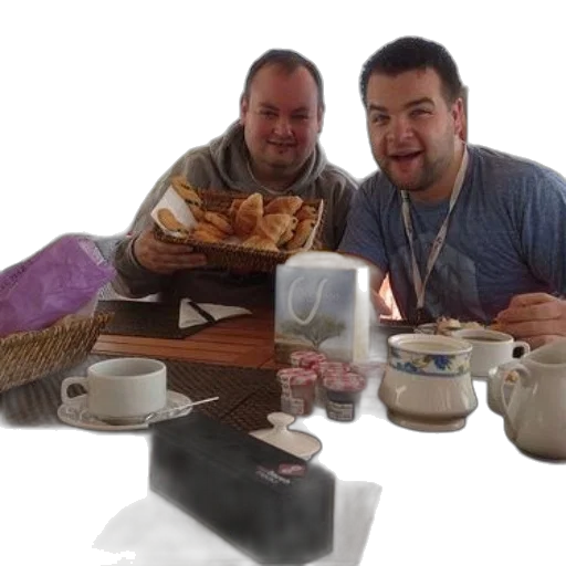 food, two, men, enjoying, breakfast, croissants, tea, jam transparent PNG cut-out