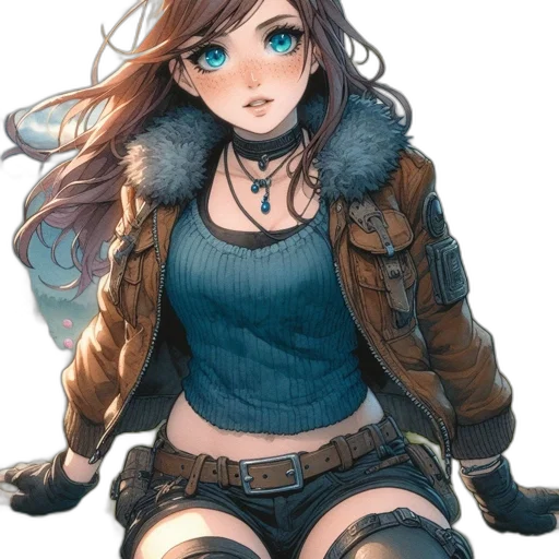 jacket, weapon, face, staff, concept art, anime, cyberpunk, comic book art transparent PNG cut-out