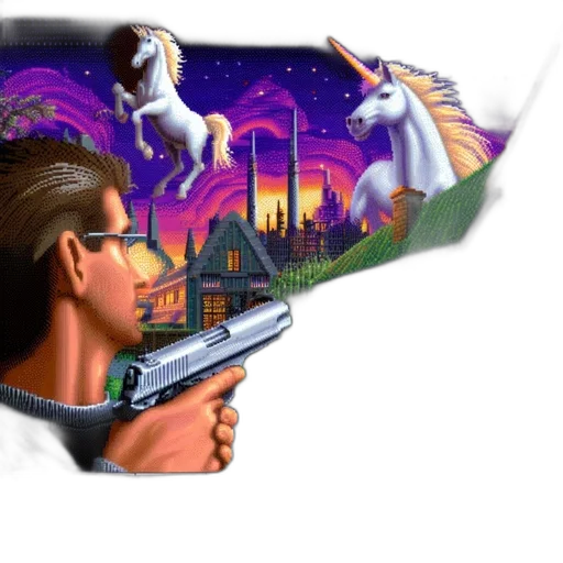 weapon, robot, vaporwave, cyberpunk, pixel art, concept art, outer space, fire transparent PNG cut-out