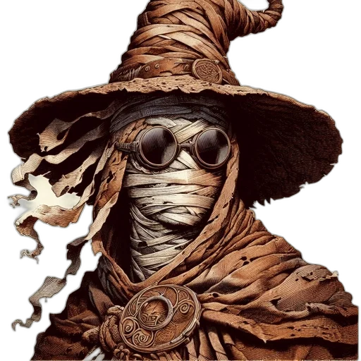 mask, face, staff, hat, comic book art, concept art, fantasy art, photorealistic transparent PNG cut-out