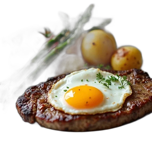 food, photorealistic, 3d render, plate, steak, asparagus, potatoes, tomatoes transparent PNG cut-out