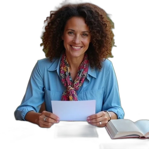 woman, curly, hair, sitting, outside, holding, piece, paper transparent PNG cut-out