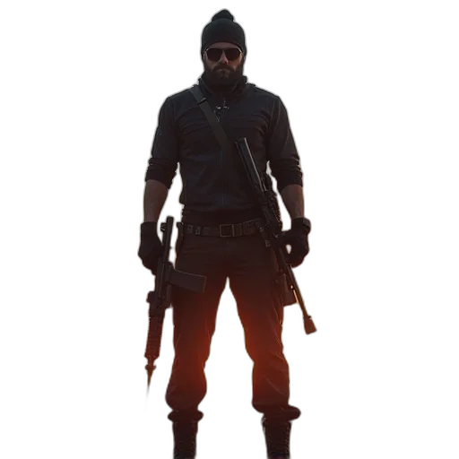 jacket, weapon, staff, mask, concept art, 3d render, pixel art, cyberpunk transparent PNG cut-out