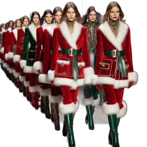 multiple, models, wearing, santa-inspired, outfits, walk, down, festive-themed transparent PNG cut-out