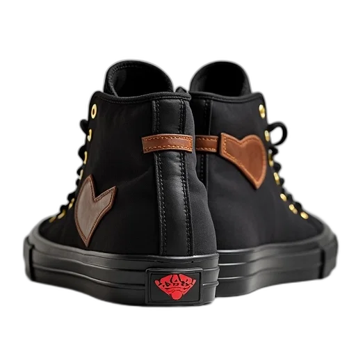 shoes, pair, black, high-top, sneakers, brown, leather, patch transparent PNG cut-out