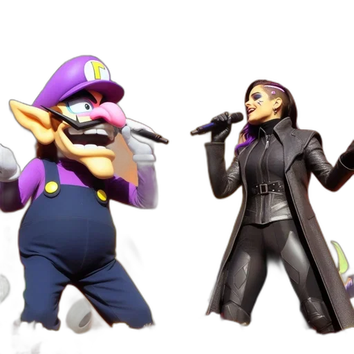 concept art, 3d render, pixel art, dark, public, event, waluigi-like, animated transparent PNG cut-out