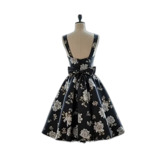 dress, 3d render, mannequin, wearing, black, white, floral, print transparent PNG cut-out