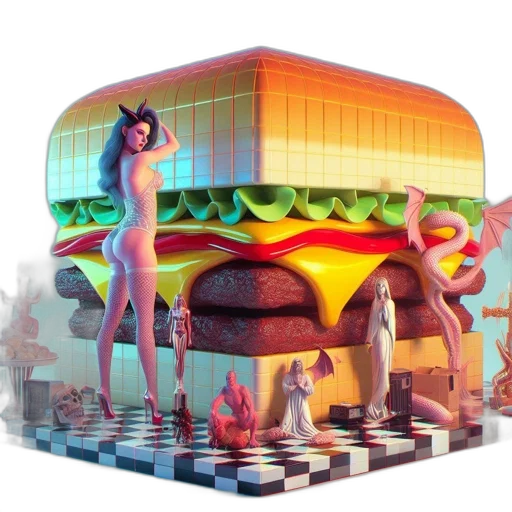 food, hat, car, dress, concept art, 3d render, vaporwave, fantasy art transparent PNG cut-out