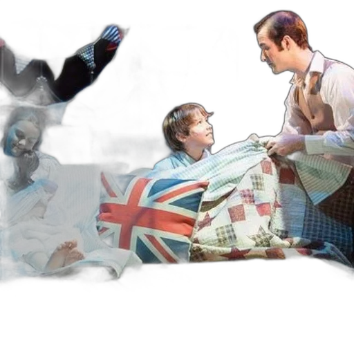 theatrical, scene, three, characters, bed, adorned, british, flags transparent PNG cut-out