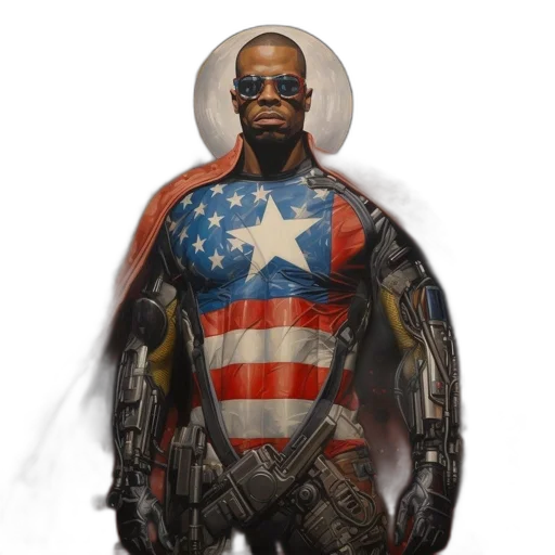 jacket, weapon, concept art, comic book art, cyberpunk, photorealistic, man, patriotic transparent PNG cut-out