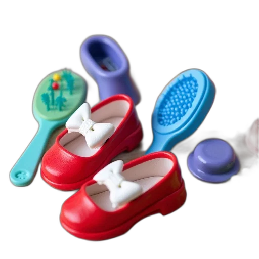 shoes, collection, children, toys, accessories, displayed, wooden, surface transparent PNG cut-out
