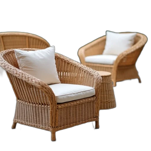 furniture, 3d render, photorealistic, wicker, chair, beige, cushion, placed transparent PNG cut-out
