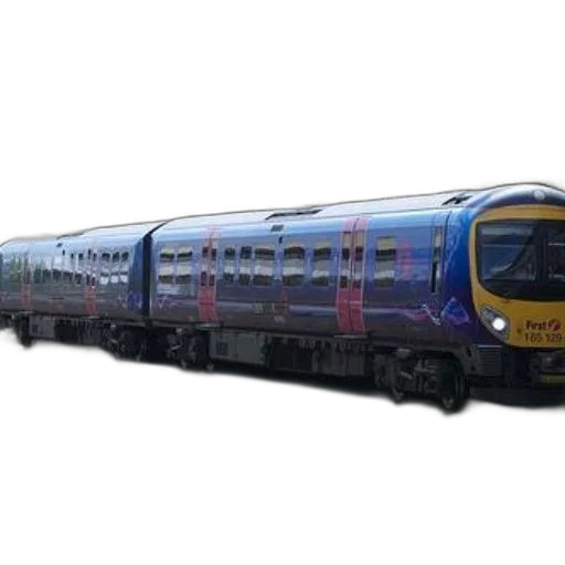 3d render, first, group, train, blue, yellow, colors, parked transparent PNG cut-out