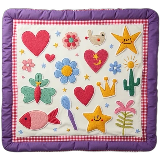 colorful, children, toy, mat, variety, embroidered, designs, including transparent PNG cut-out