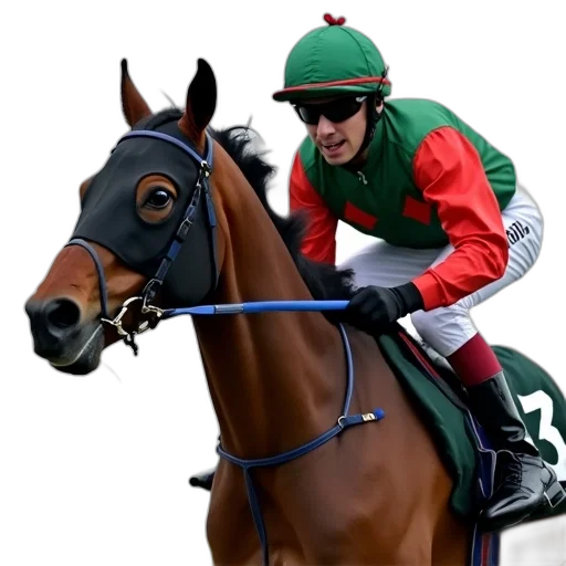 animal, brown, horse, black, mask, being, ridden, jockey transparent PNG cut-out