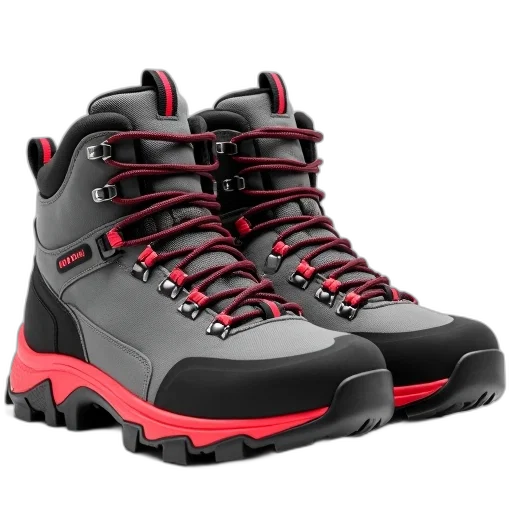 shoes, 3d render, pair, grey, black, hiking, boots, red transparent PNG cut-out