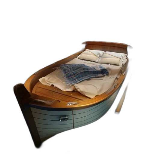 furniture, shoes, 3d render, photorealistic, nautical-themed, bedroom, features, boat-shaped transparent PNG cut-out