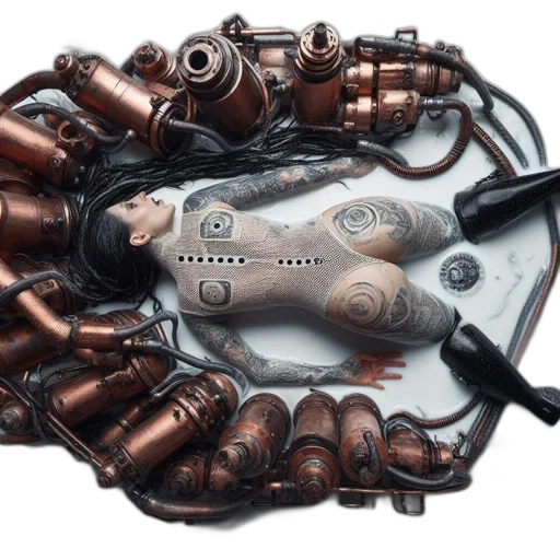 robot, weapon, mask, jewelry, cyberpunk, concept art, 3d render, fantasy art transparent PNG cut-out