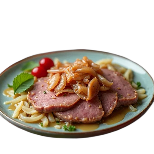 food, close-up, view, plate, meat, onions, focus, center transparent PNG cut-out