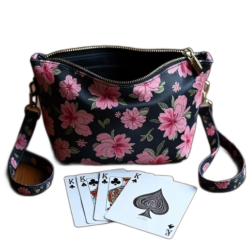 black, pink, floral, patterned, handbag, long, strap, lying transparent PNG cut-out