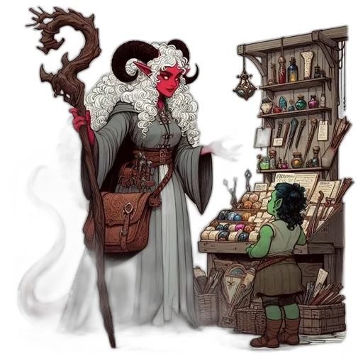 staff, concept art, fantasy art, comic book art, dark, magical, shop, red-skinned transparent PNG cut-out