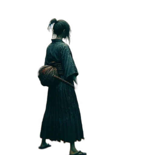 dress, hair, staff, mask, concept art, photorealistic, 3d render, dark transparent PNG cut-out
