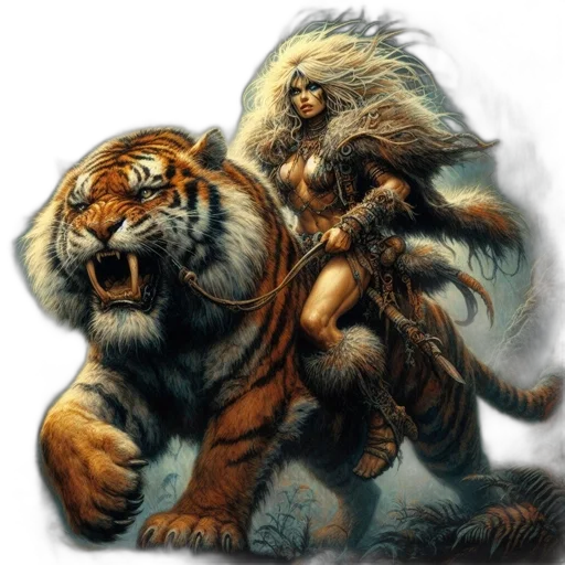 animal, creature, fantasy art, concept art, comic book art, photorealistic, fire, warrior-woman transparent PNG cut-out