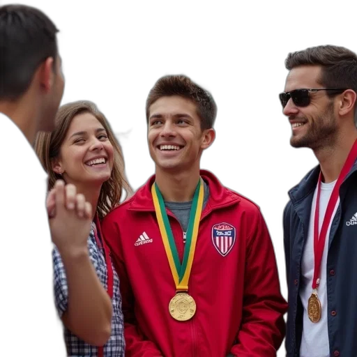 jacket, young, man, red, gold, medal, around, his transparent PNG cut-out