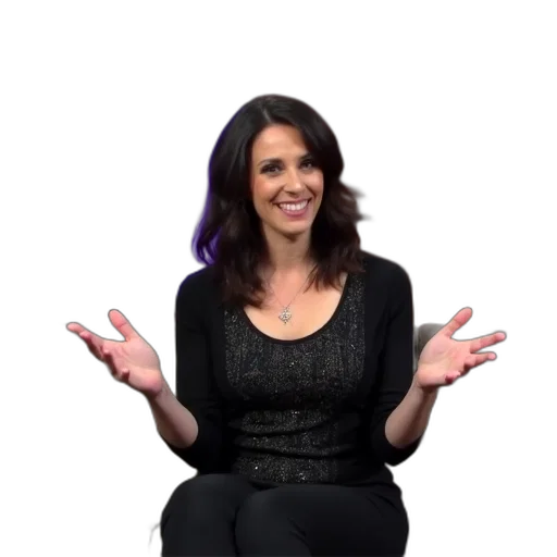dress, woman, dark, hair, sitting, couch, gesturing, her transparent PNG cut-out