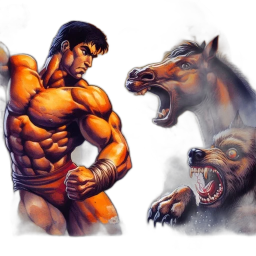 animal, concept art, comic book art, fantasy art, photorealistic, muscular, man, faces transparent PNG cut-out