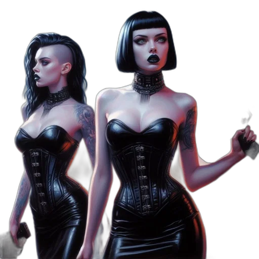 comic book art, concept art, fantasy art, cyberpunk, neon lights, dark, two, women transparent PNG cut-out