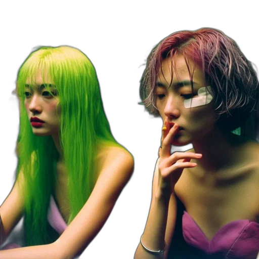 hair, vaporwave, cyberpunk, photorealistic, concept art, neon lights, outer space, green transparent PNG cut-out