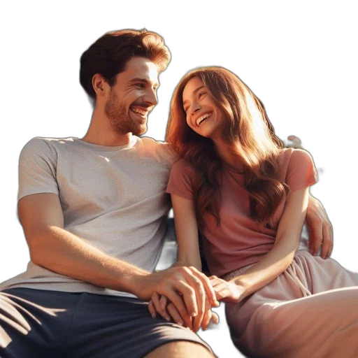 photorealistic, couple, sit, side-by-side, park, bench, golden, hour transparent PNG cut-out