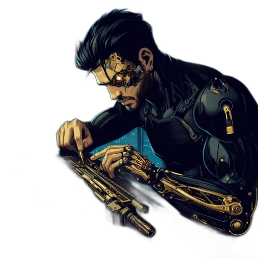 weapon, robot, jacket, comic book art, concept art, cyberpunk, cartoon, dimly transparent PNG cut-out