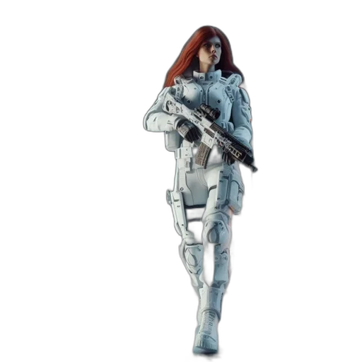 robot, weapon, jacket, concept art, 3d render, cyberpunk, woman, red transparent PNG cut-out