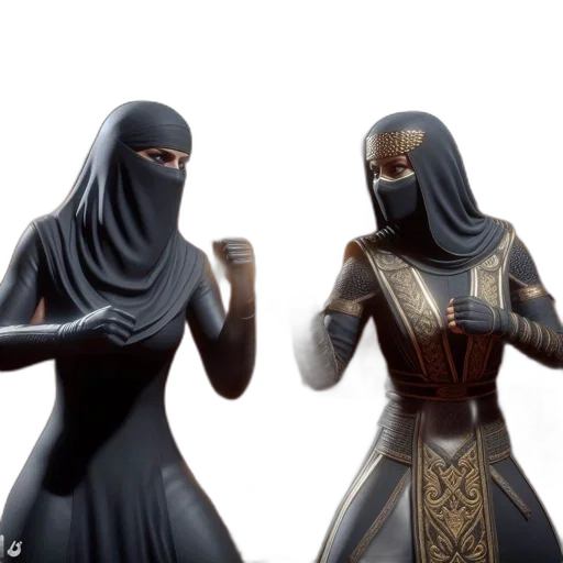 concept art, 3d render, fantasy art, comic book art, two, women, combat, gear transparent PNG cut-out