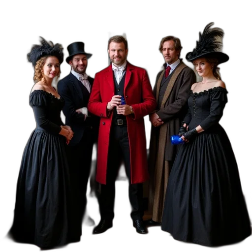 staff, hat, group, people, dressed, victorian-era, costumes, posing transparent PNG cut-out