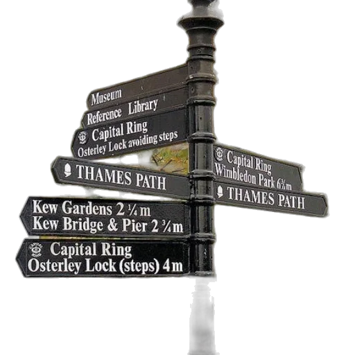 staff, 3d render, black, sign, post, directions, various, locations transparent PNG cut-out