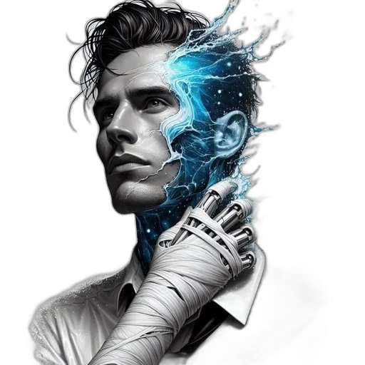 robot, staff, face, cyberpunk, comic book art, fantasy art, concept art, neon lights transparent PNG cut-out