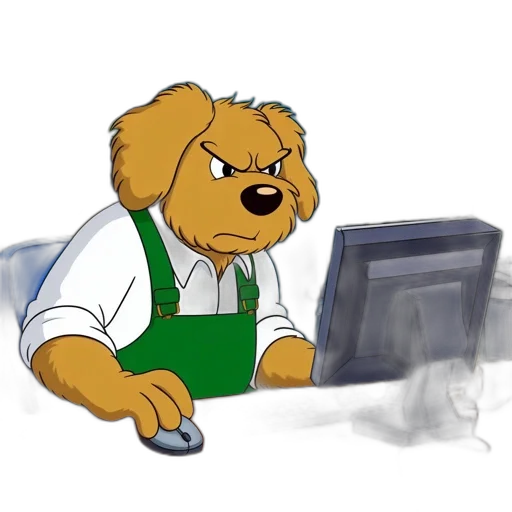 staff, concept art, cartoon, pixel art, 3d render, anthropomorphic, dog, wears transparent PNG cut-out
