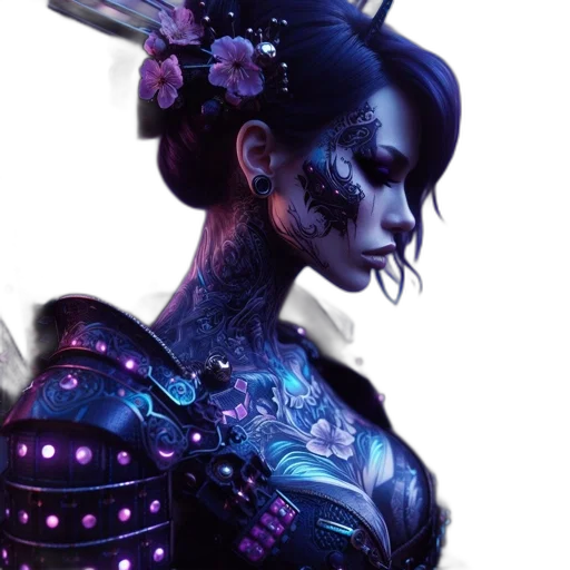 robot, cyberpunk, fantasy art, concept art, comic book art, neon lights, dark, blue transparent PNG cut-out