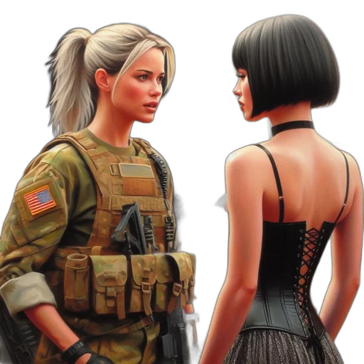 concept art, comic book art, photorealistic, 3d render, earth tones, two, women, contrasting transparent PNG cut-out