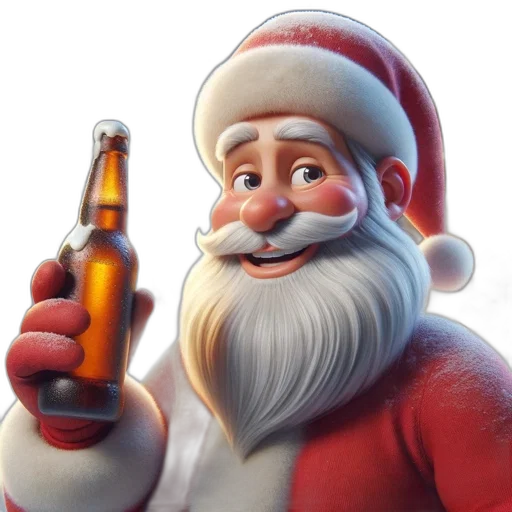 3d render, photorealistic, santa, claus, holds, frosty, beer, bottle transparent PNG cut-out