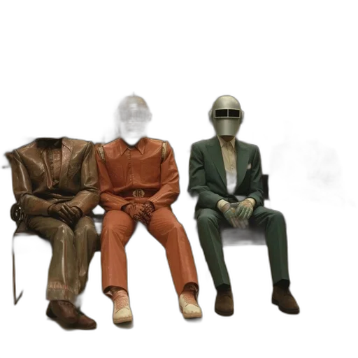 mask, jacket, furniture, robot, concept art, earth tones, four, individuals transparent PNG cut-out