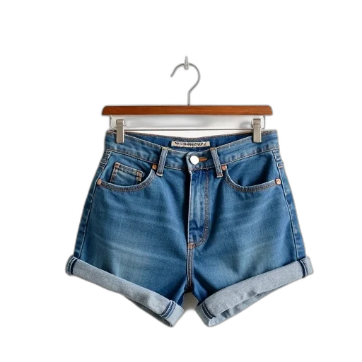 jacket, blue, pair, denim, shorts, wooden, hanger, displayed transparent PNG cut-out