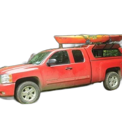 car, 3d render, red, pickup, truck, kayak, roof, rack transparent PNG cut-out